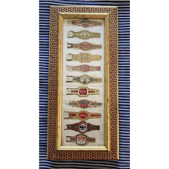 11 Vintage Midcentury Cigar Bands in Gold Finish Picture Frame 5.25"x11.75" - Picture 1 of 5